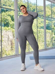 SHEIN Rhythm Era Plus Size Women Seamless Solid Sports Bra & Leggings Set - Grey - View 6