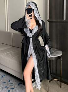 DAZY Women Front-Tie Long Sleeve Casual Romantic Lace Patchwork Satin Robe, Vacation