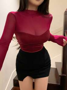 DAZY Women Sexy Long Sleeve Mesh Contrast Silky Form-Fitting T-Shirt, Autumn