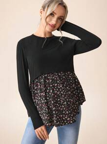 SHEIN Camiseta de manga larga de maternidad casual de bloque de color para lactancia para uso en otoño