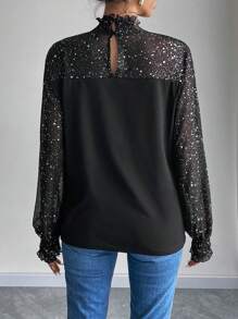 SHEIN Clasi Women's Sequin Mesh Paneled Solid Color Blouse