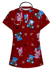 PopScrub Christmas Cartoon Cute Toy Bear Uniform Scrub Top - Multicolor - View 1