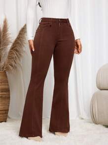 SHEIN Essnce 女士休闲喇叭牛仔裤，带口袋，适合日常穿着 - 咖啡棕 - 查看 4