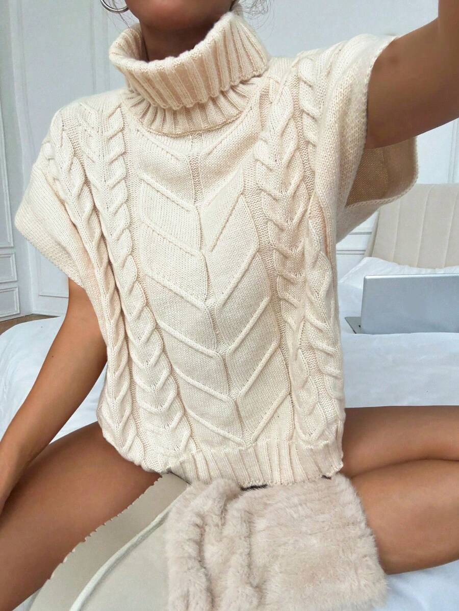 SHEIN Unity Solid-Color High Neck Loose Fit Sweater Vest, Casual Everyday Wear - Khaki - View 1