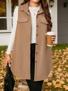 SHEIN LUNE 大码休闲纽扣灯芯绒无袖外套豹纹毛绒毛绒秋冬度假装保暖