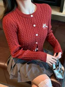 DAZY Textured Cable Knit Embroidery Letter Cardigan Sweater, Christmas Wear For Women ,Holiday