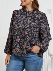 SHEIN Clasi Curvy Plus Size 女式海军蓝休闲立领荷叶小碎花灯笼袖长袖衬衫，适合秋冬季日常居家、圣诞节、新年 - 彩色 - 查看 5