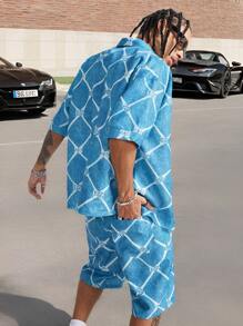 Manfinity VCAY Men's Digital Printed Loose Woven Short Sleeve Shirt Set - Blue - View 3