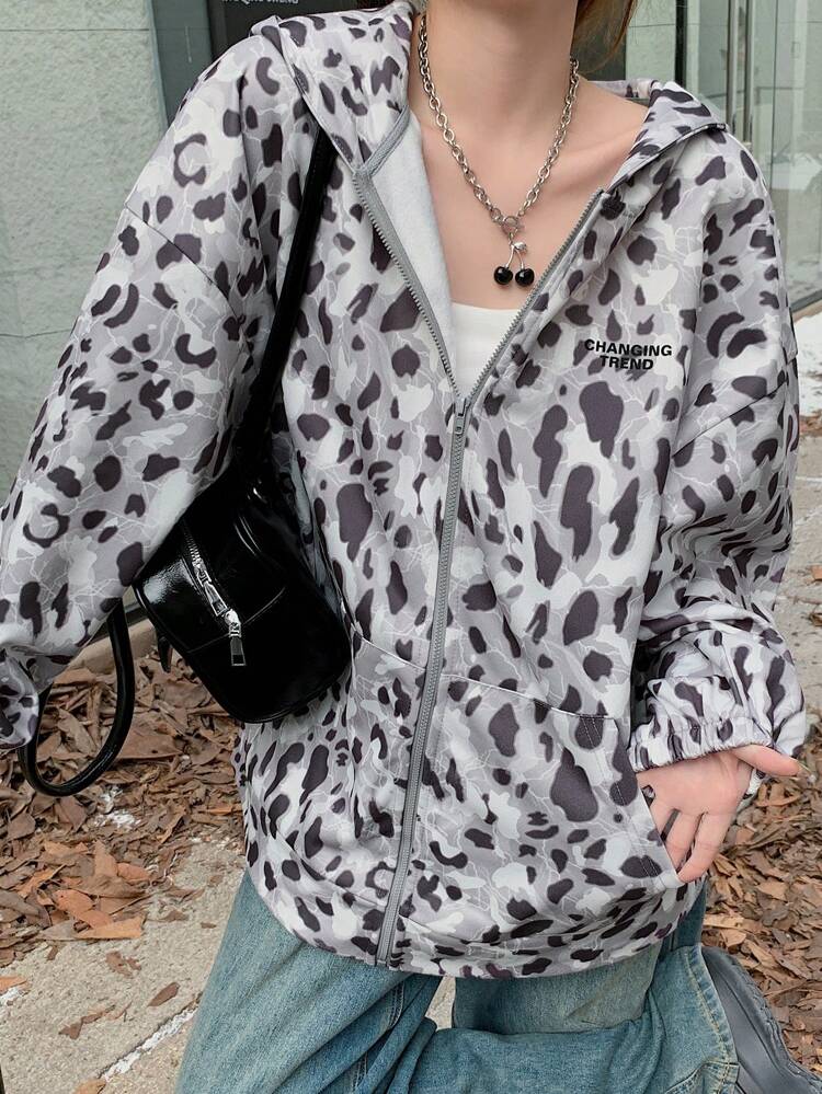 Women's Front Zipper Hoodie Jacket, Letter And Leopard Print, Casual Cheetah Print Women Coats