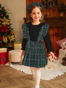 SHEIN 2pcs/Set Christmas Young Girls Autumn/Winter Elegant Ruffle Collar Long Sleeve Top & Plaid Dungaree Skirt, Comes With Plaid Bow Beret