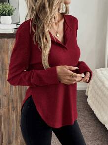 SHEIN LUNE Rosso Ancora Christmas Women Clothes Women's Casual Solid Color Half-Button Curved Hem Long Sleeve Red T-Shirt, Spring And Autumn - Red - View 5