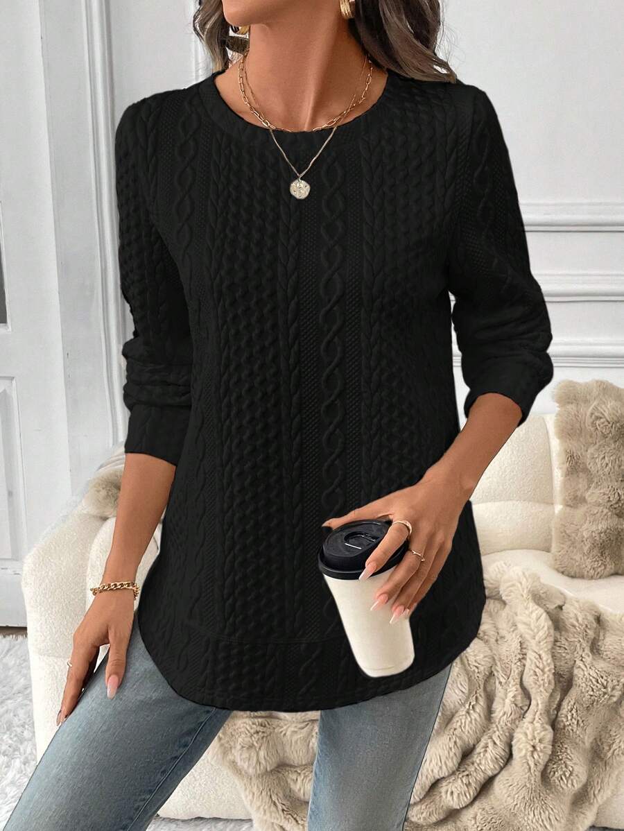 SHEIN LUNE 女士休闲不对称下摆双层纹理运动衫，优雅休闲运动装，秋冬季保暖内衣 - 黑色 - 查看 1