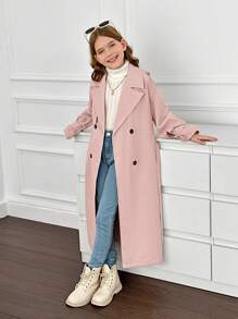 SHEIN Tween Girl 双排扣翻领宽松长款风衣，休闲风格，适合通勤和 - 淺粉色 - 查看 3
