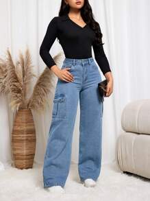 SHEIN LUNE 1 件女士休闲纯色口袋宽腿宽松牛仔裤 - 藍色 - 查看 7