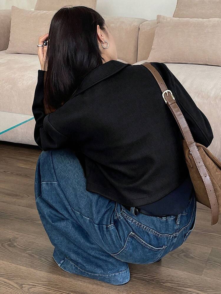 Women Casual Solid Color Cropped Jacket, New Arrival For Autumn