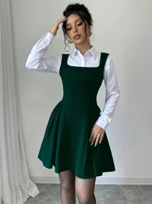 Selianne 新款方领无袖 A 字裙，褶皱下摆，弹性面料，纯色，休闲修身，收腰，修身，适合通勤，日常穿着，春夏秋冬