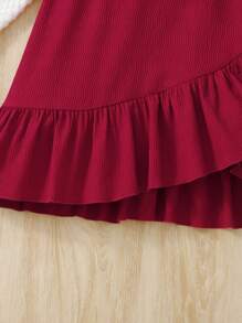 SHEIN Teen Girl Red Woven Textured Jacquard Wave Pattern Tie-Waist Ruffle Trim Long Sleeve Elegant Retro Casual Dress - Red - View 3