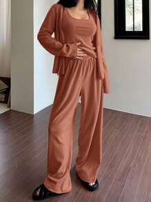 DAZY 3 件套简约针织天鹅绒吊带背心开衫和裤子家居服秋冬睡衣