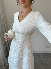 Elenzga 女士杏色编织 V 领长袖 A 字形纹理提花连衣裙，秋冬季通勤服装 - 杏色 - 查看 5