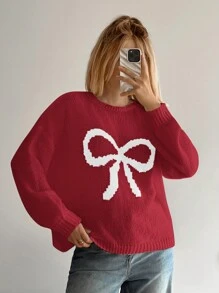 Forever 21 新款秋冬圆领大蝴蝶结撞色宽松休闲女童毛衣 - 紅色 - 查看 9