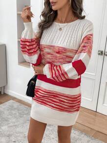 SHEIN LUNE Women Striped Round Neck Drop Shoulder Long Sleeve Casual Sweater Dress, Autumn/Winter
