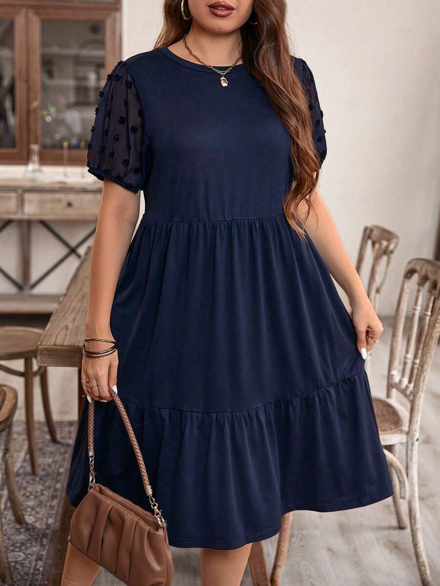 EMERY ROSE Plus Size Solid Color Round Neck Short Sleeve Ruffled Simple Casual Short Dress, For Summer - Navy Blue - View 1