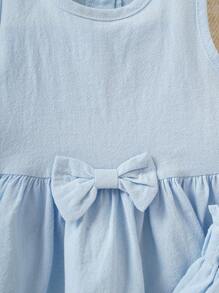 Souflis Souflis 2pcs/Set Baby Girl Blue Spring/Summer Outfit, Elegant Lovely Bow Decorated Round Neck Top With Ruffle Hem & Shorts For Daily Casual Occasions - Baby Blue - View 10