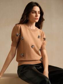 Anewsta Áo thun nữ dệt kim tay phồng đính đinh tán phong cách retro Meillard, áo nữ mùa mới. - Màu Khaki - Xem 3
