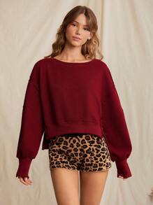 WESTFADE Spring Crewneck Split Hem Exposed Seam Long Sleeve Cropped Thermal Top - Burgundy - View 4