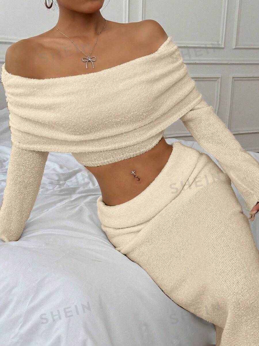Flirla Set de 2 piezas de mujer, suéter de manga larga y hombros descubiertos en unicolor y falda de punto, conjunto informal