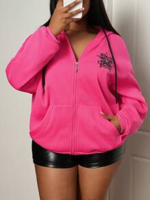 Slaydiva Streetwear & Casual & Relaxed Loose Fit Rose Red Pocket-Detailed Drop Shoulder Zipup Sweatshirt, Plus Size Women Regular Sweatshirt, Autumn/Winter - Hot Pink - View 7