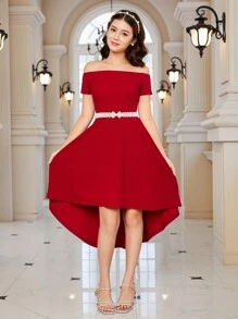 Vestido corto de punto, de hombros descubiertos, con cuello elástico y manga corta, diseño sencillo para uso casual y elegante, ideal para adolescentes, para usar al aire libre en Navidad - Burdeos - Ver 4