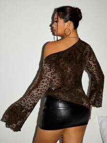 SHEIN ICON ICON Plus Size Women's Fall Outfits Asymmetrical Collar Leopard Print Mesh Fashion T-Shirt, Spring/Summer