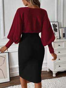 Chiquease 女士秋冬不对称领口拼色长袖修身优雅毛衣连衣裙 - 酒紅色 - 查看 2