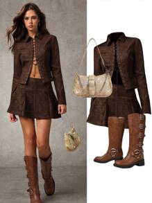 SHEIN BAE Women's Spring & Fall Tie Dye Eyelet Lace Up Long Sleeve Casual Blazer Fall Clothes Fall Women Clothes Fall Jackets Fall Women Leather Women Jacket Winter Women Clothes Dark Academia Winter Clothes Women Coats Winter Coat Winter Outfits - Coffee Brown - View 6