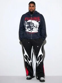 Manfinity VCAY Plus Size Men's Loose Fit Black Long Sleeve Knit Hoodie & Pants Set, For Fall Winter - Multicolor - View 1