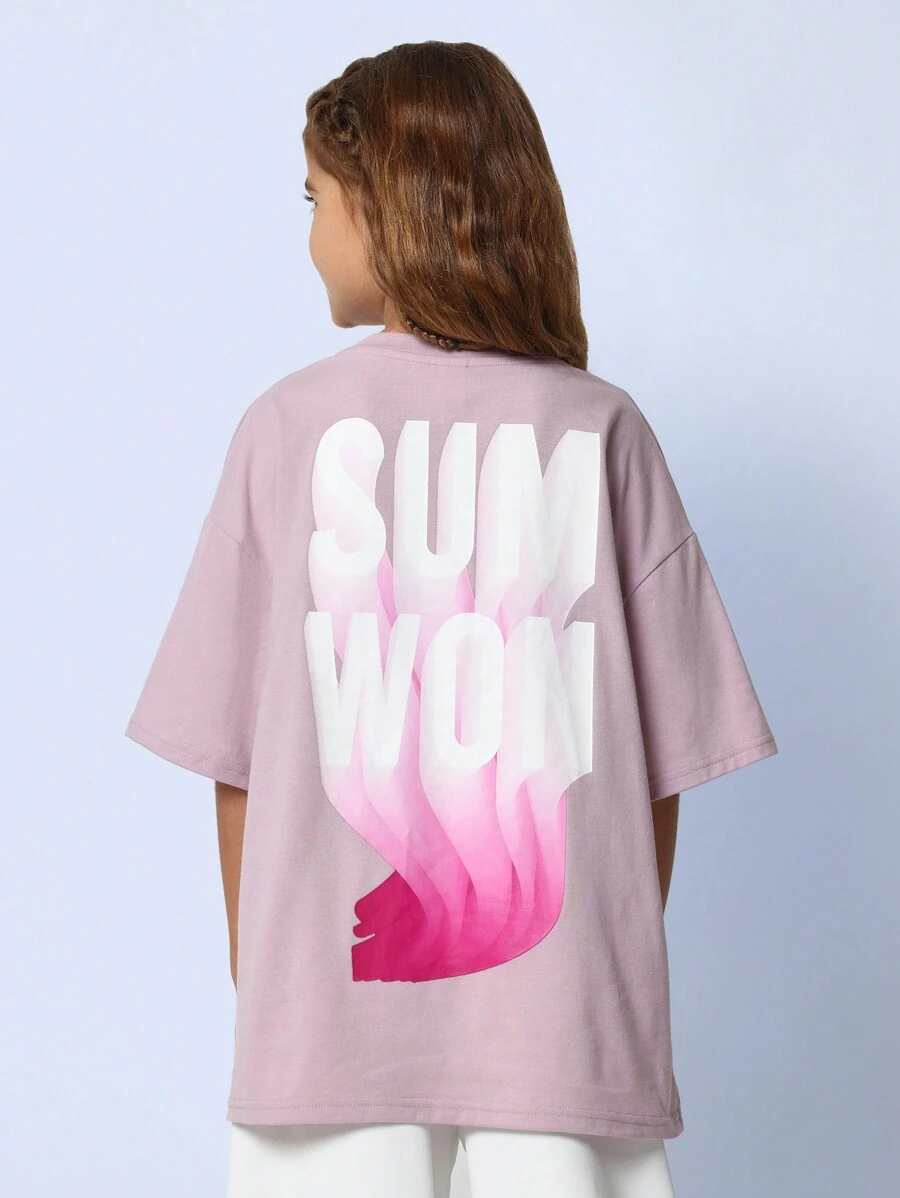 SUMWON 青少年女孩日常超大版型短袖 T 恤,背面有图案印花 - 淡紫色 - 查看 1