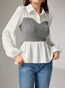 Heiryn Women's Color Blocking Ruffle Hem Long Sleeve Blouse, Autumn - Grey - View 5