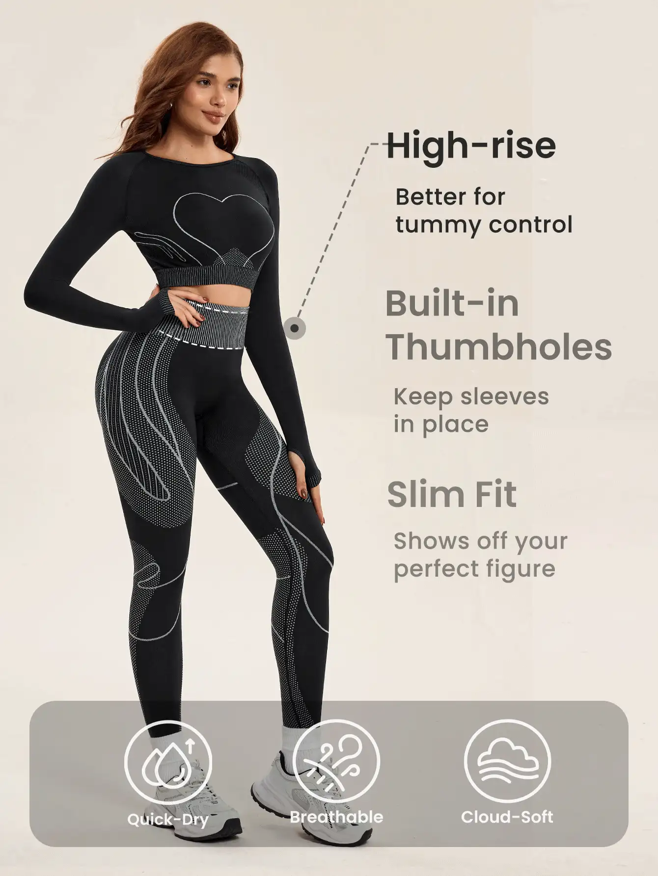 Lifespree 无缝几何图案心形运动高弹力女式瑜伽服适合运动健身套装情人节 - 黑色 - 查看 2