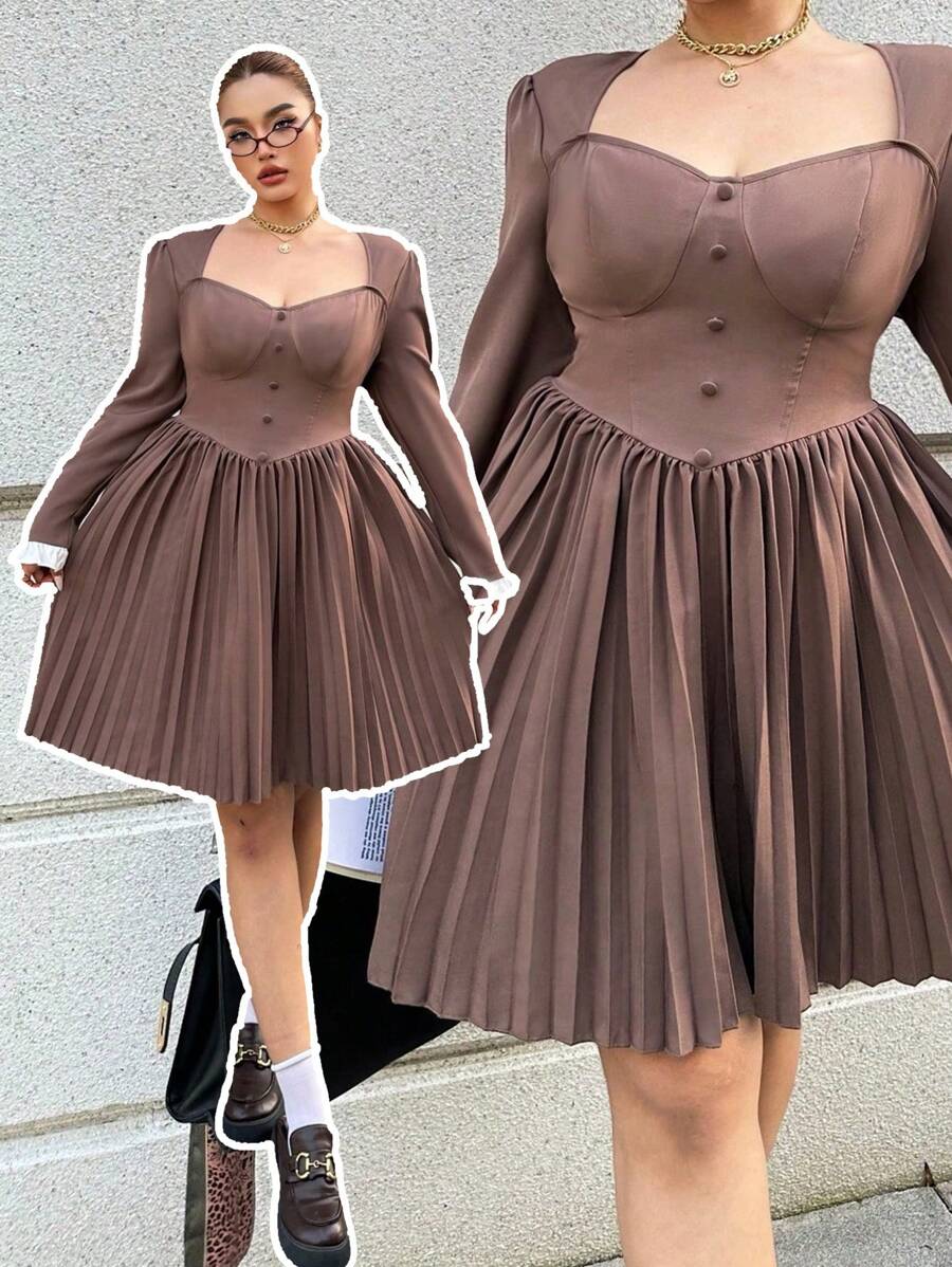 Flirla 方领长袖褶皱拼接中长连衣裙，时尚简约设计，腰部贴合，高端气质