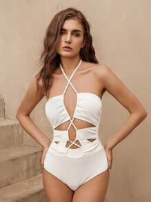 SHEIN Swim 1pc Women's Solid Color Textured Fabric Halter Backless Elegant Vacation One Piece Swimsuit Summer