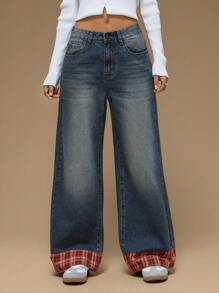 Forever 21 新款复古洗水格子拼接高腰宽松阔腿圣诞风牛仔裤，秋冬 - 藍色 - 查看 7