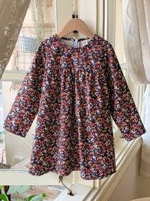 Blossori Young Girls' Elegant French Style Brown Ditsy Floral Loose Fit Round Neck Dress, Autumn/Winter - Red and Black - View 1