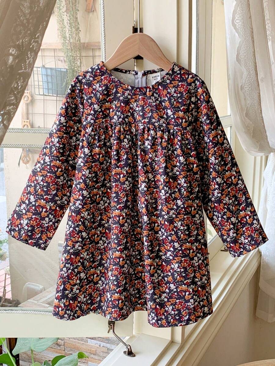 Blossori Young Girls' Elegant French Style Brown Ditsy Floral Loose Fit Round Neck Dress, Autumn/Winter - Red and Black - View 1