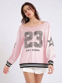 SHEIN EZwear Casual Sports V-Neck Long Sleeve Knitted Pink Mesh Jersey Sweatshirt With Letter & Number Print And Drop Shoulders For Ball Games