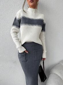 EURMUSE 女士立领长袖纯色拼布简约毛衣和裙子休闲两件套 - 深灰色 - 查看 5