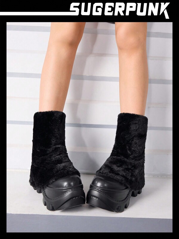 Sugerpunk Damen Plüsch Knöchelstiefel, runde Zehenkappe, Plateausohle mit Keilabsatz, dunkler Punk PU-Leder, Schwarz, geeignet für Alltag, Arbeit und Uni