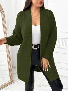 SHEIN LUNE 大码女式纯色灯笼袖休闲开衫，适合冬季 - 橄欖綠 - 查看 5