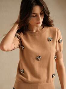 Anewsta Áo thun nữ dệt kim tay phồng đính đinh tán phong cách retro Meillard, áo nữ mùa mới. - Màu Khaki - Xem 7
