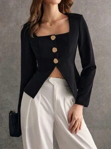 Poéselle Chaqueta elegante de manga larga con cuello cuadrado y botones al frente, de unicolor, para mujer en otoño/invierno - Negro - Ver 5